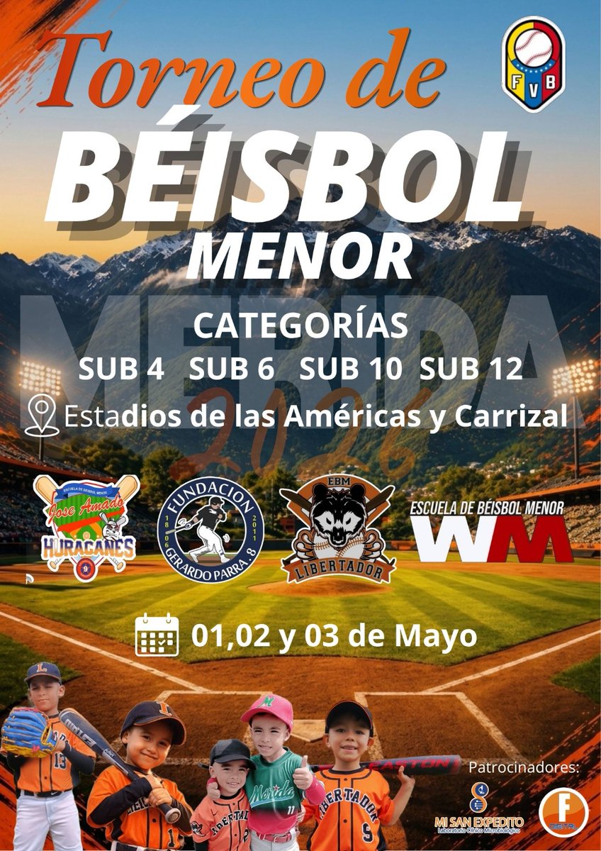 fronteraenlaweb's tweet image. #26Abr | #Mérida | Torneo de Béisbol Menor ⚾️🧢

Categorías: 
✅ Sub 4
✅ Sub 6
✅ Sub 10
✅ Sub 12

📍 Estadios de la Américas y Carrizal

🗓️ 01, 02 y 03 de Mayo de 2026