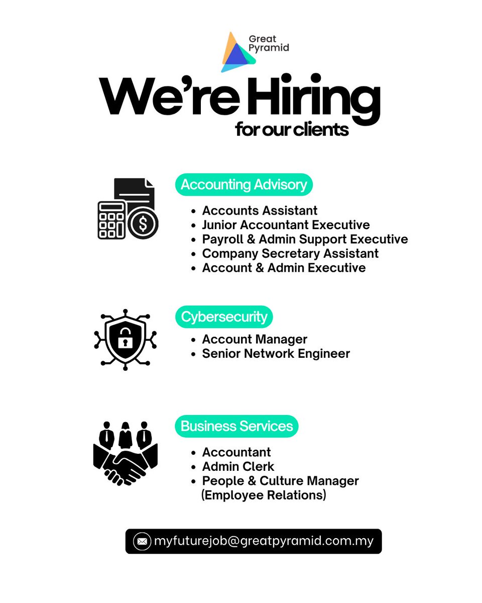 GreatPyramidSB's tweet image. Hiring season is here and our clients have multiple roles open across different industries.

Tag a friend who's been quietly job hunting. This might be the one. 👇
📩 myfuturejob@greatpyramid.com.my
🌐 …reat-pyramid-sdn-bhd.careers-page.com

#greatpyramid #hiring #jobopportunity