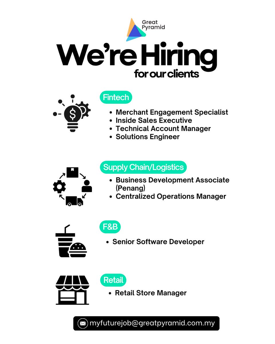 GreatPyramidSB's tweet image. Hiring season is here and our clients have multiple roles open across different industries.

Tag a friend who's been quietly job hunting. This might be the one. 👇
📩 myfuturejob@greatpyramid.com.my
🌐 …reat-pyramid-sdn-bhd.careers-page.com

#greatpyramid #hiring #jobopportunity