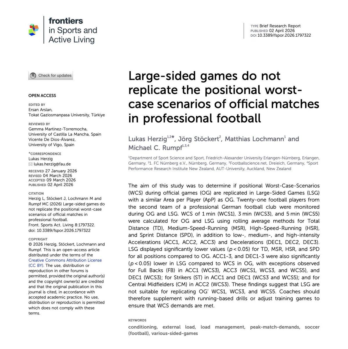 Tatopek1's tweet photo. 🆕"This study aimed to investigate whether the positional, locomotor &amp; mechanical demands during worst-case scenarios were replicated within LSG (9vs9-10vs10) with an area/pl similar to that of official matches ⚽️"
👉L. Herzig et al. 2026 🇩🇪
📂Open Access: https://t.co/IHRvIXDd38 https://t.co/E36BtchJTc