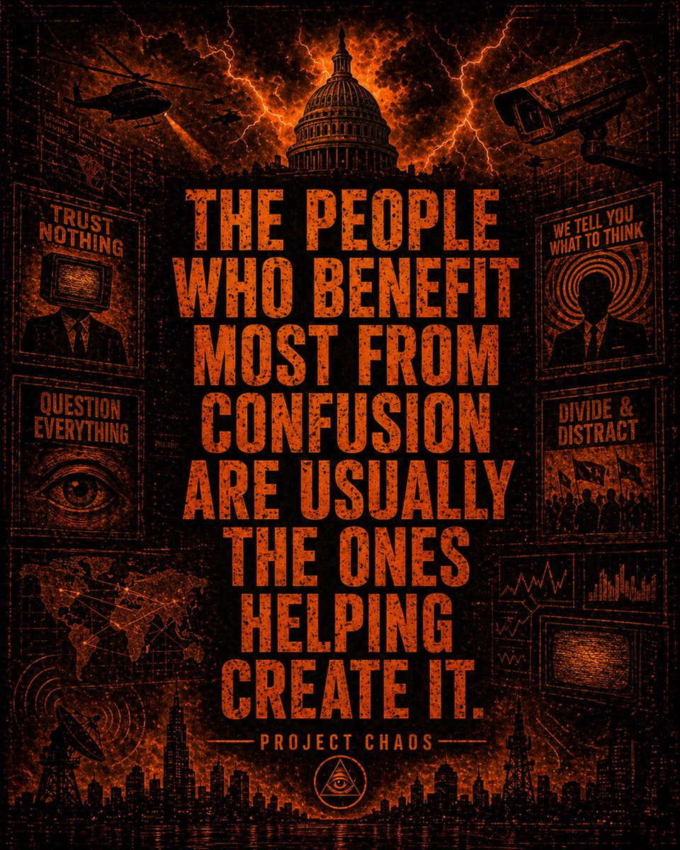 Project_Chaos71's tweet image. THE PEOPLE WHO BENEFIT MOST FROM CONFUSION ARE USUALLY THE ONES HELPING CREATE IT.  

#PROJECTCHAOS #QUESTIONEVERYTHING #FOLLOWTHEMONEY #HIDDENTRUTH