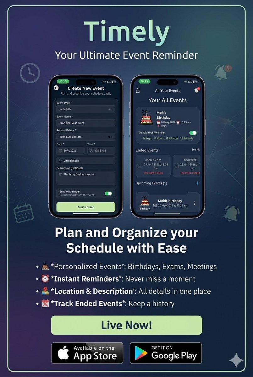 DevDharmendra23's tweet image. 🚀 My app Timely is now live on App Store &amp;amp; Play Store!

Never miss events, meetings, or reminders again ⏰

Download now:  
🍎 App Store - apps.apple.com/in/app/timely-…
🤖 Play Store - play.google.com/store/apps/det…

#TimelyApp #AppLaunch #Productivity