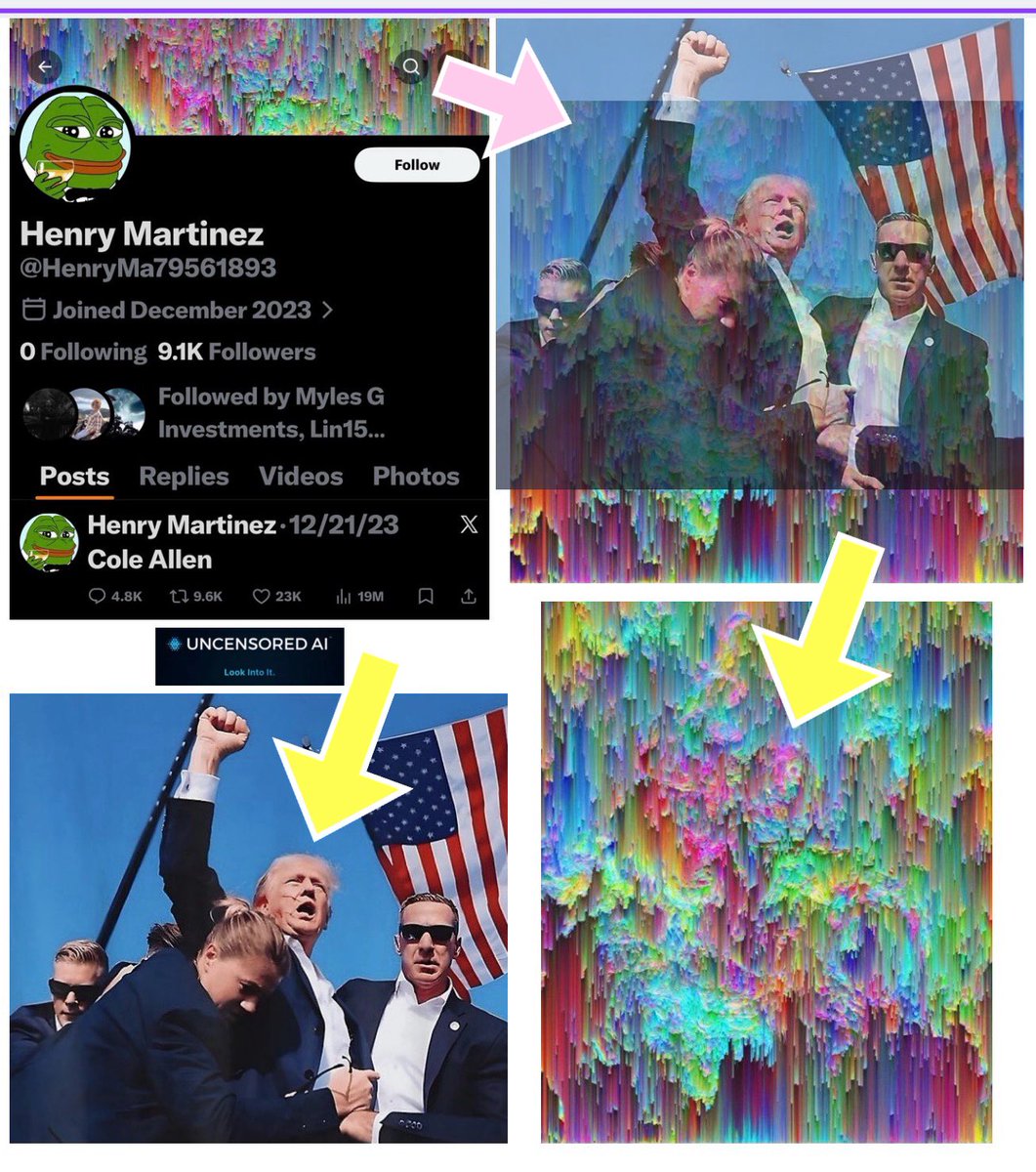 I used Uncensored AI to conduct an independent analysis.

Can verify with 99.9% accuracy that the “painting banner” is an anamorphic copy of the viral Trump image from Butler, PA.

Not only did the individual who tweeted “Cole Allen” (and nothing else) in 2023 have ties to a