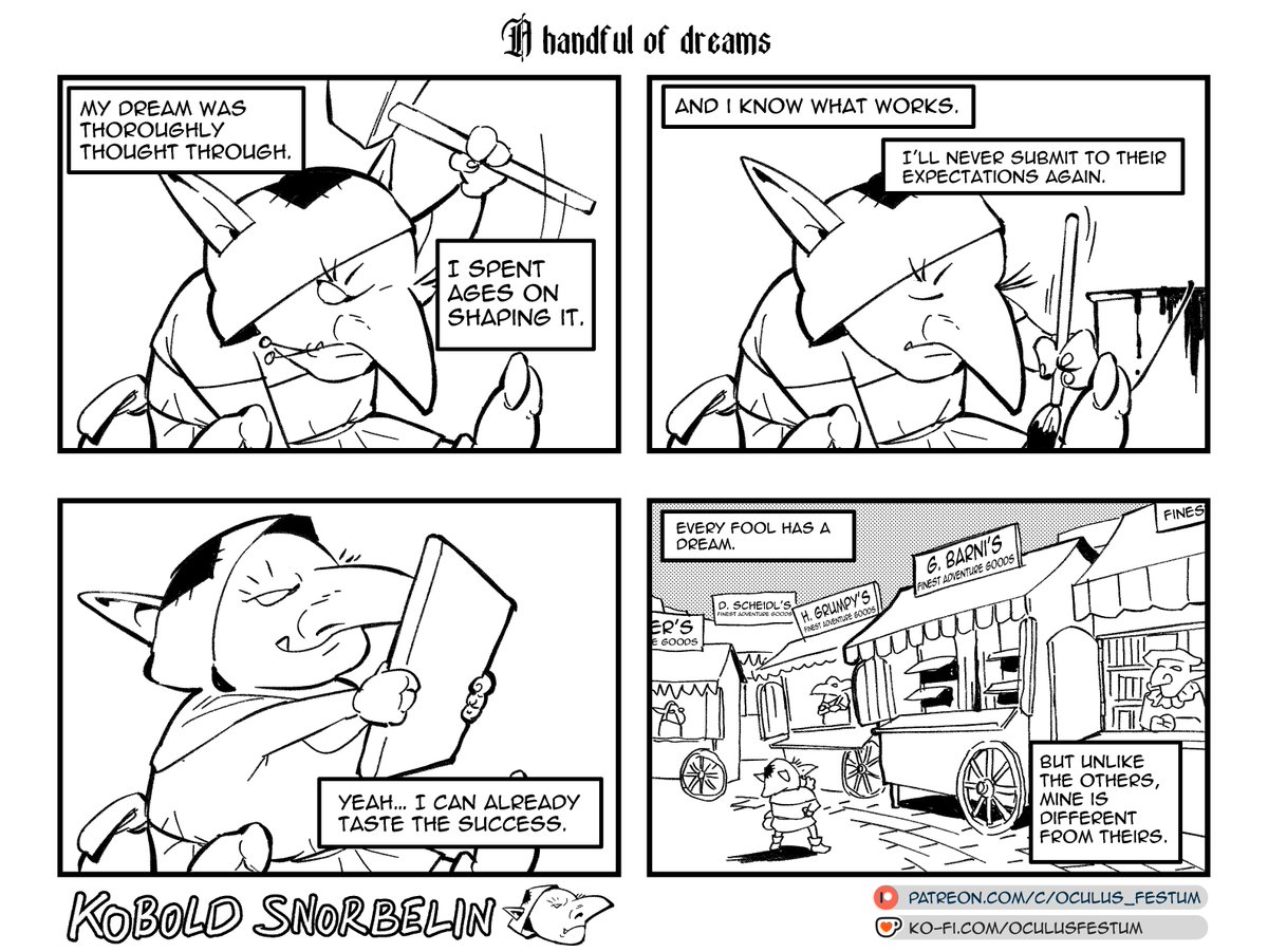 OculusFestum's tweet photo. Everyone thinks their dream is different.
"A handful of dreams" - Kobold Snorbelin 
A small slice of goblin life. 
#GoblinLife #webcomic #webcomics