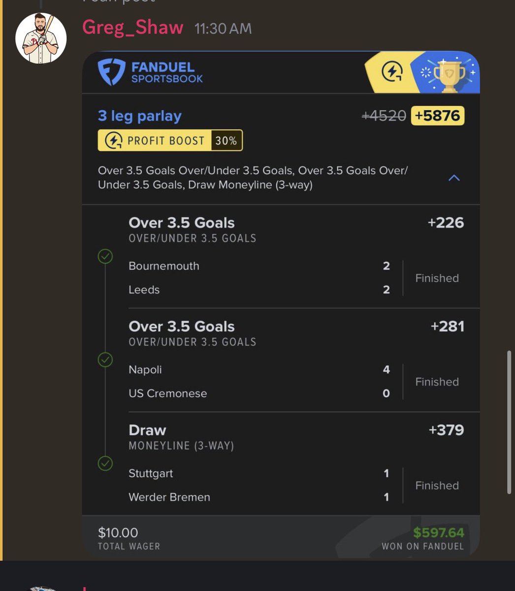PiggyBankBet's tweet photo. Wow another huge soccer cash in discord!

Back to back weeks is insane, running hot on the FD Soccer boosts https://t.co/D0qZxiE8d0