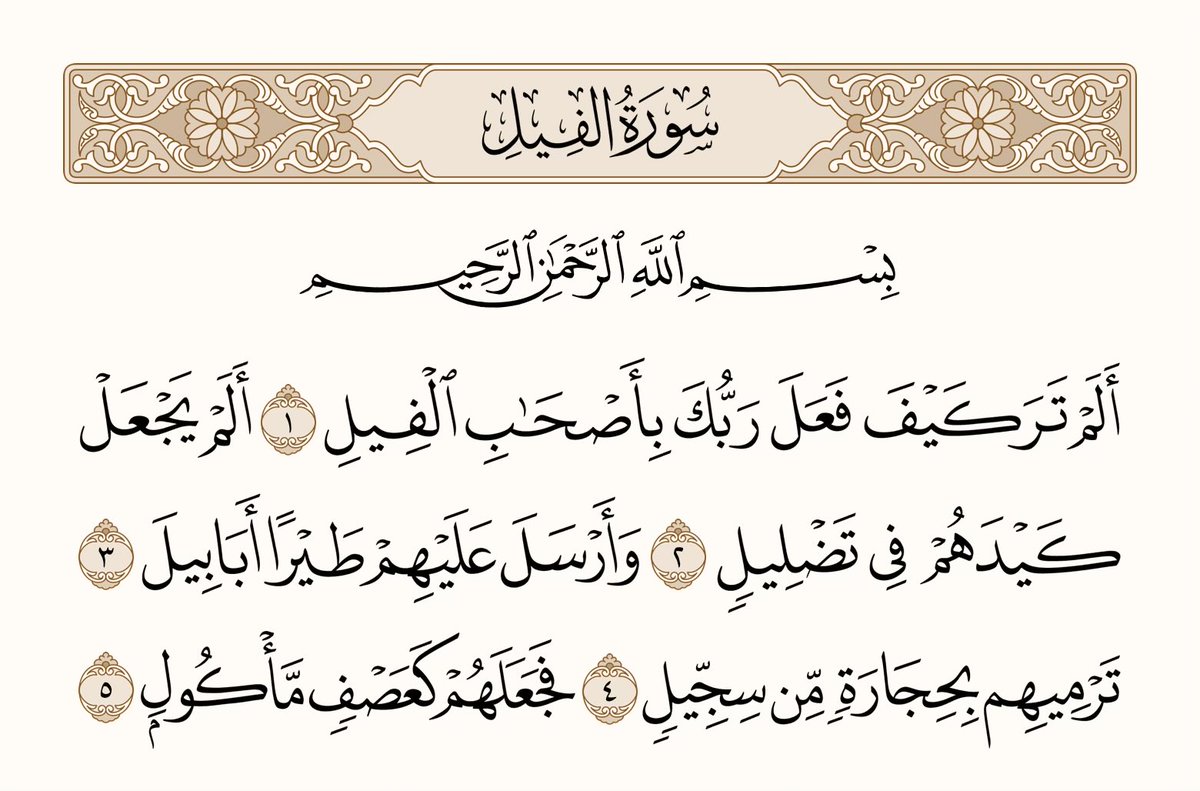 athkar_749's tweet photo. ﴿أَلَم تَرَ كَيفَ فَعَلَ رَبُّكَ بِأَصحابِ الفيلِ ۝ أَلَم يَجعَل كَيدَهُم في تَضليلٍ ۝ وَأَرسَلَ عَلَيهِم طَيرًا أَبابيلَ ۝ تَرميهِم بِحِجارَةٍ مِن سِجّيلٍ ۝ فَجَعَلَهُم كَعَصفٍ مَأكولٍ﴾ [الفيل: 1-5] https://t.co/QI3aqtxwtn