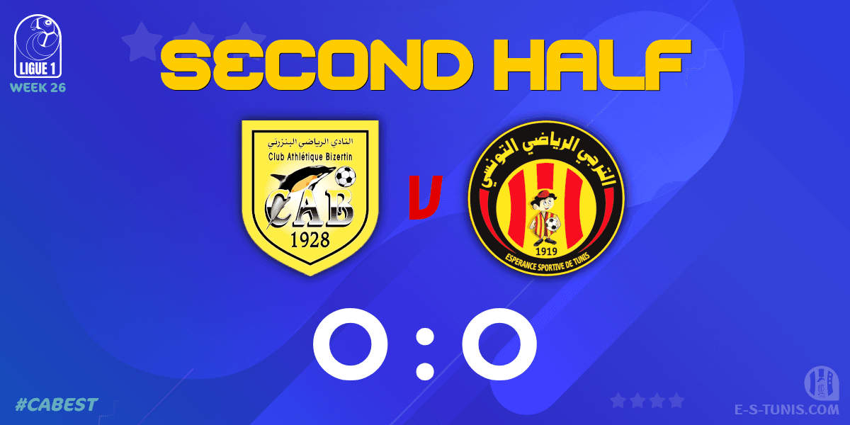 ESTuniscom's tweet photo. ⏱ 46' | #Ligue1Tn🇹🇳 Week 26 #CABEST | #CABizertin 0⃣-0⃣ @ESTuniscom : The second half kicks off / بداية الشوط الثاني / Coup d'envoi de la seconde période https://t.co/pKNWagLF4b