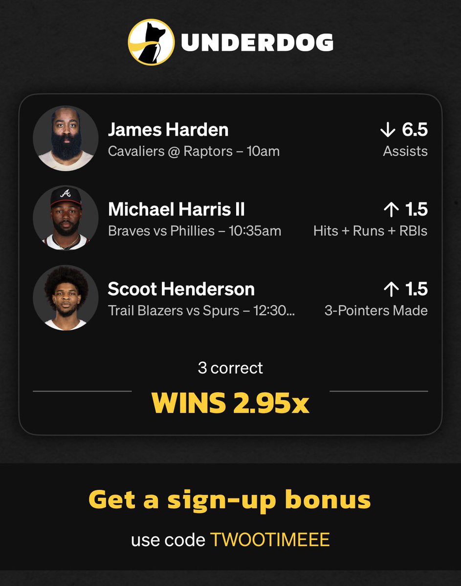 twooskiiplays's tweet image. 04/26🔒🔒 2.95x 
UnderDog Free Slip

#PrizePicks #sleeper #discord #prizepickslocks #PrizePicksToday #mlb #NBA