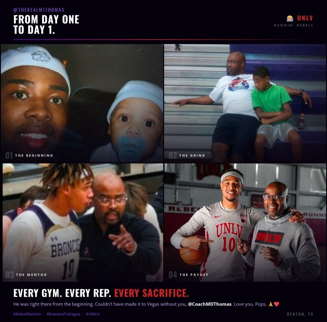 therealmjthomas's tweet photo. From Day One to Day 1. 🏀❤️
Every gym. Every rep. Every sacrifice he was right there.
Couldn't have made it to Vegas without you, @coachmdthomas. Love you, Pops. 🙏
#RebelNation #DentonToVegas #UNLV #Blessed https://t.co/ipWuc8uml8