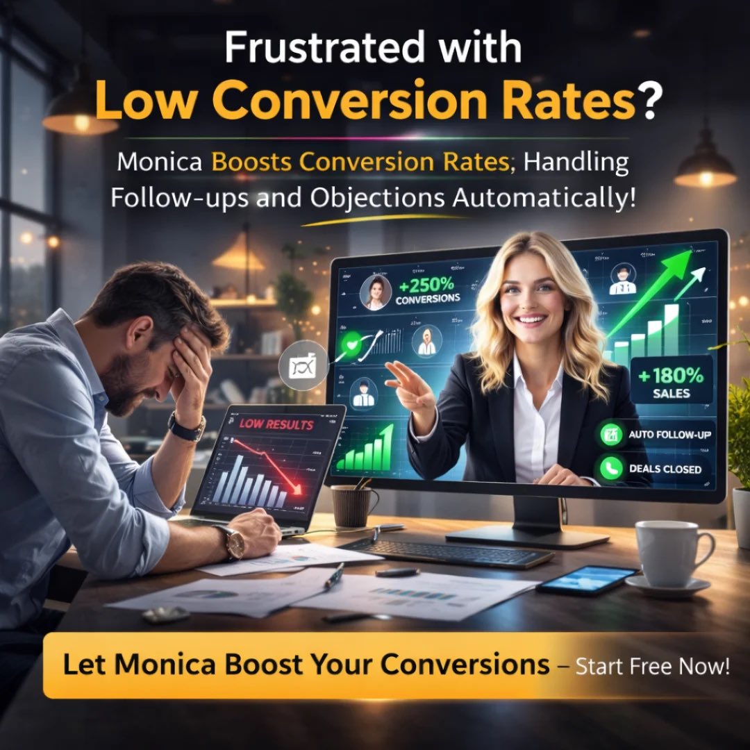 RaymondMerritt's tweet photo. “Frustrated with Low Conversion Rates?”
“Stop struggling with low conversion rates. 

Let Monica increase your conversions by handling follow-ups, objections, and closing sales automatically.

🔹 Secure your position now before the matrix fills up!

https://t.co/ec9nf2KBiO https://t.co/drRt0exO06