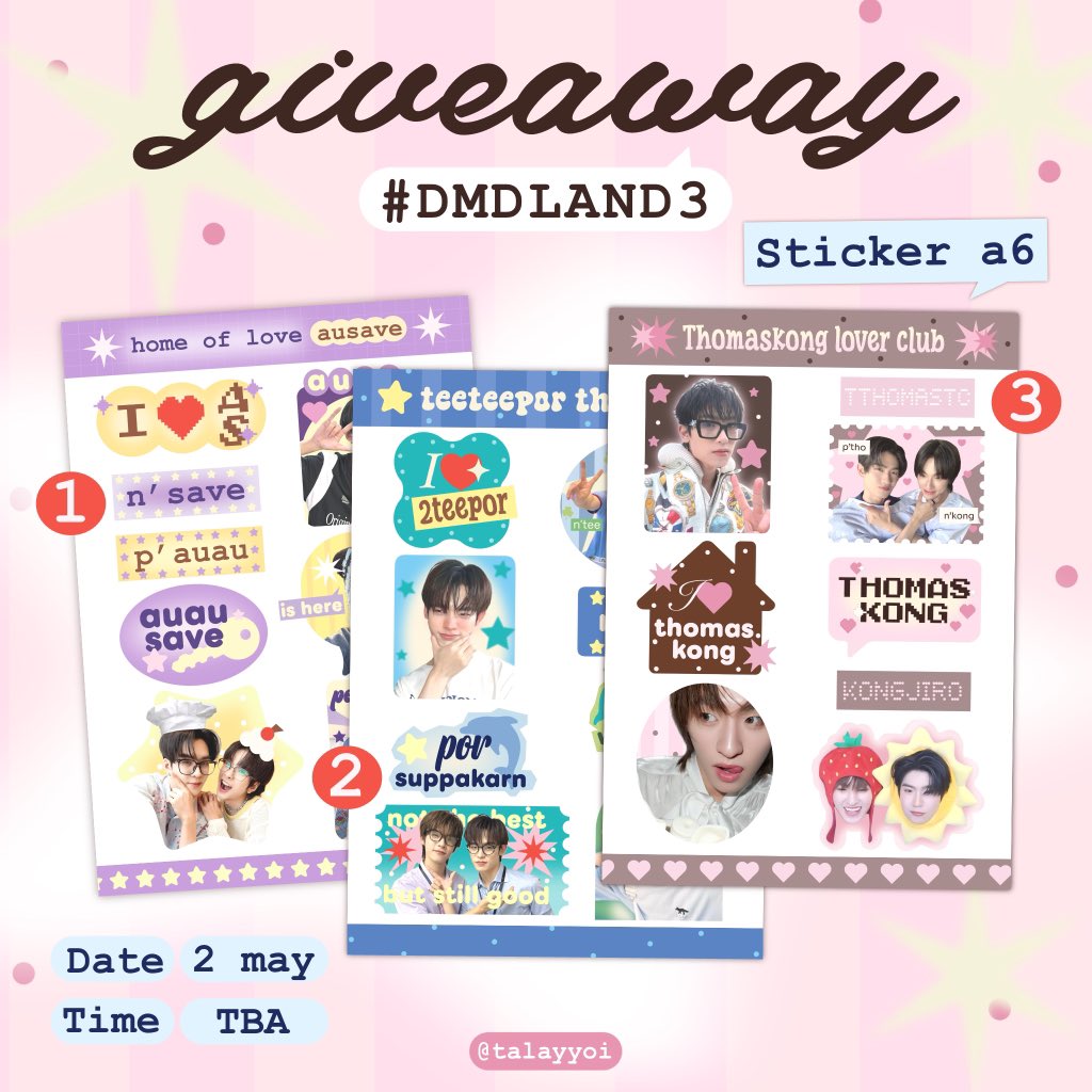 talayyoi's tweet photo. ⟡.·  ꪔ̤̮  🧢🧤*⑅ ° ｡ 
giveaway for #DMDLAND3

— sticker a6
50 ea / design

✿ location - impact arena
✿ date - sat 2/5
✿ time - tba 

rt &amp; show this tweet

#thomaskong #โทมัสก้อง 
#teeteepor #ตี๋ตี๋ป๋อ 
#auausave #อู่อู๋เซฟ https://t.co/DrLoq68rHo
