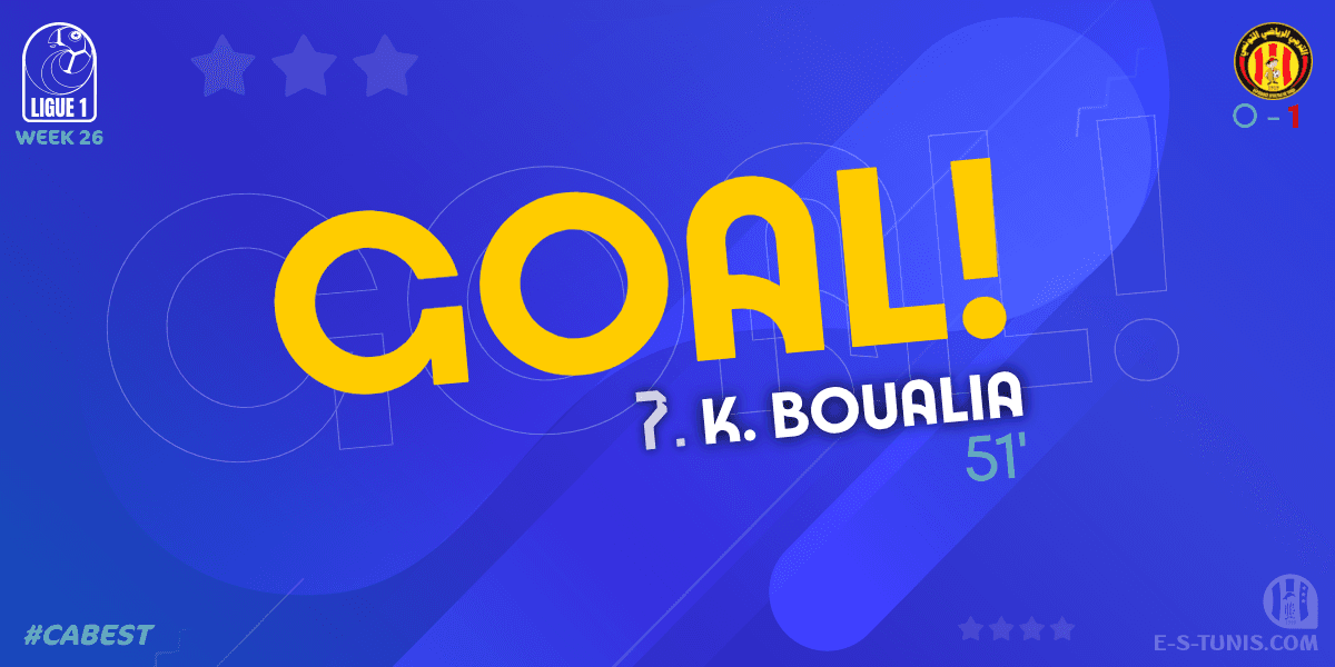 ESTuniscom's tweet photo. ⏱ 51' | #Ligue1Tn🇹🇳 Week 26 #CABEST | #CABizertin 0⃣-1⃣ @ESTuniscom : ⚽️ K. Boualia (EST) scores! / هدف / But https://t.co/3sjnrDOe9l