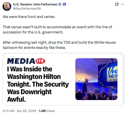 royermattw's tweet photo. Last night: Influencers and then the President

Today: the White House account and now a Senate Democrat.

The ballroom talking point reached the line of succession within 12 hours.

That's not organic. That's a comms operation. https://t.co/tVF0BsQaBN