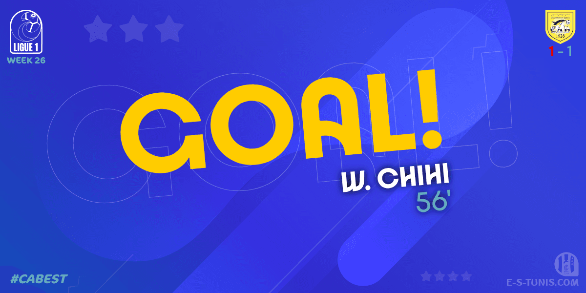 ESTuniscom's tweet photo. ⏱ 57' | #Ligue1Tn🇹🇳 Week 26 #CABEST | #CABizertin 1⃣-1⃣ @ESTuniscom : ⚽️ W. Chihi (CAB) scores! / هدف / But https://t.co/V0YrhjOa2S