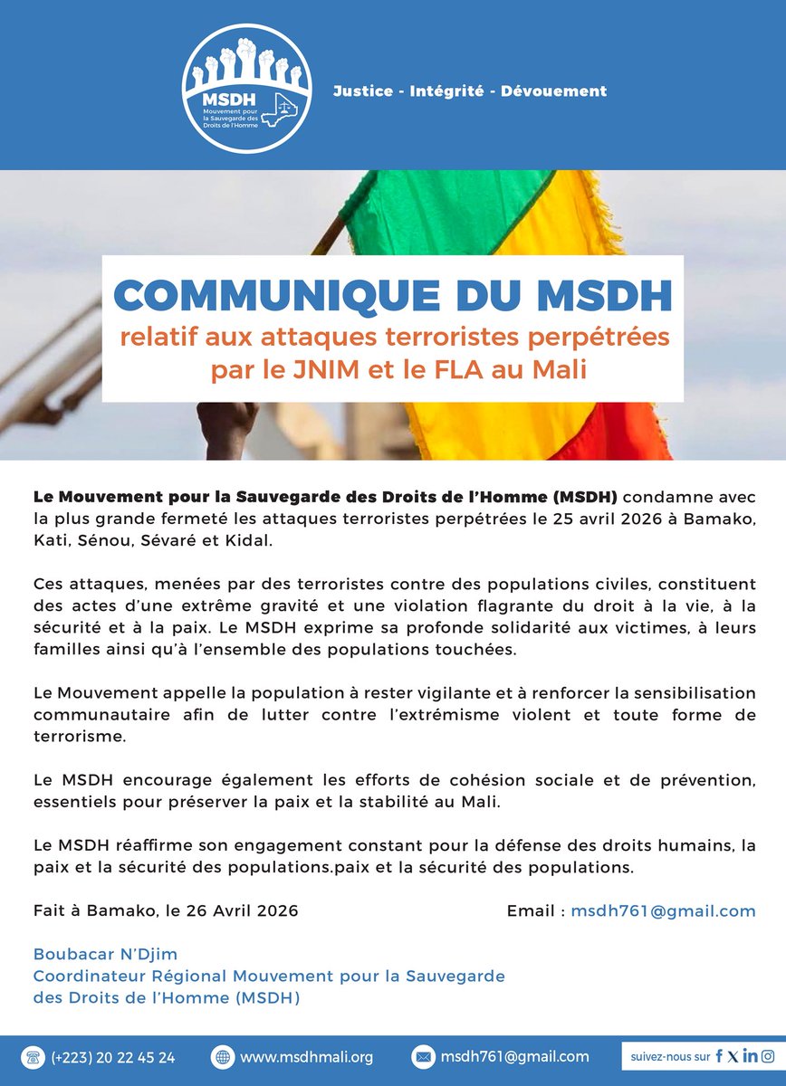 msdhmali's tweet photo. Suite aux attaques perpétrées par le JNIM et alliés le 25 avril 2026 au Mali, le MSDH communique ! https://t.co/ccJsCcL0D1