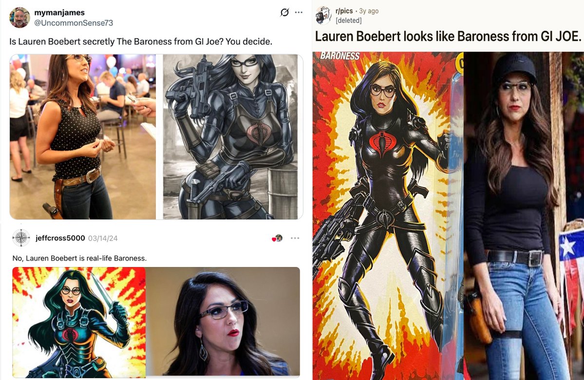 Is it just me or does Lauren Boebert look like Baroness from GI Joe 😂?

#gijoe #baroness #LaurenBoebert #meme #funny