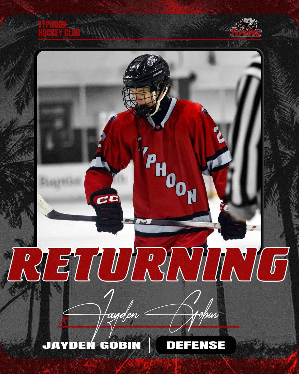 TyphoonHC's tweet photo. 🚨RETURNING🚨
We are thrilled to announce that Jayden Gobin will be returning with the Typhoon Hockey Club for the ‘26-‘27 season!

#TyphoonWarning #USPHL https://t.co/5yyZJ7sFsE