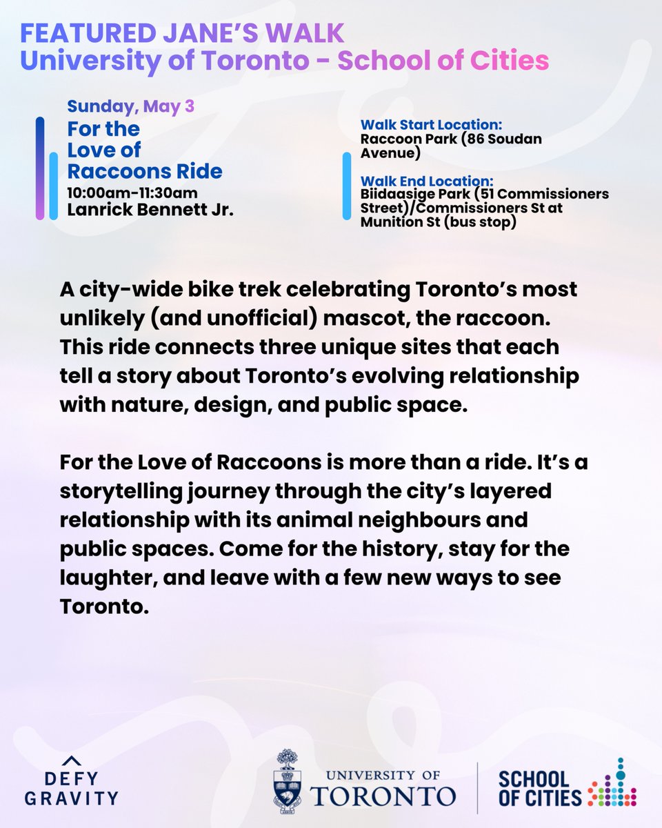 JanesWalkTO's tweet photo. 🚲 FEATURED JANE’S WALK
with @UofTCities 

For the Love of Raccoons Ride

🗓 Sun, May 3
⏰ 10:00–11:30 AM
👤 @LanrickBennett 

A city-wide ride exploring Toronto through its most unlikely mascot—the raccoon.

📍 Start: Raccoon Park (86 Soudan Ave)

🏁 End: Biidaasige Park (Commissioners & Munition)
Free. Join us: 

#JanesWalk #OurStreetsOurStories #Toronto #CycleTO