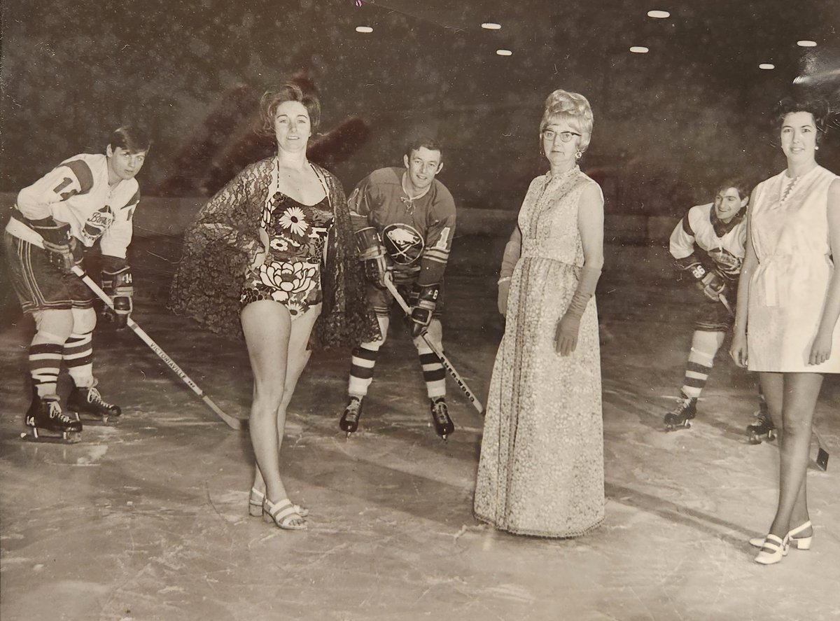 As suggested by <a href="/SabresFunStats/">Sabres Fun Stats</a> Fashion show day!! 1st up '71 this pic was in the Courier. 
L-R: Skip Krake, my Mom, Billy Inglis, my G-ma, Randy Wyrozub, Sharon
Billy &amp; Randy kept putting snow on the gals legs during the shoot, hence the look on their faces. Also Bisons jerseys!