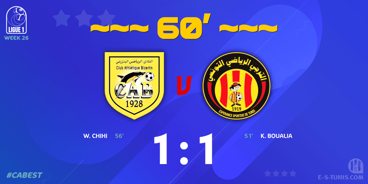 ESTuniscom's tweet photo. ⏱ 60' | #Ligue1Tn🇹🇳 Week 26 #CABEST | #CABizertin 1⃣-1⃣ @ESTuniscom : Score reminder / تذكير بالنتيجة / Rappel du score https://t.co/N5N20PRJm8