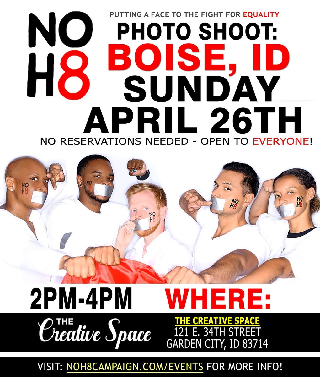 Spread the word! #NOH8 photo shoot TODAY (4/26) in Boise, ID: tinyurl.com/2f7f6j2k