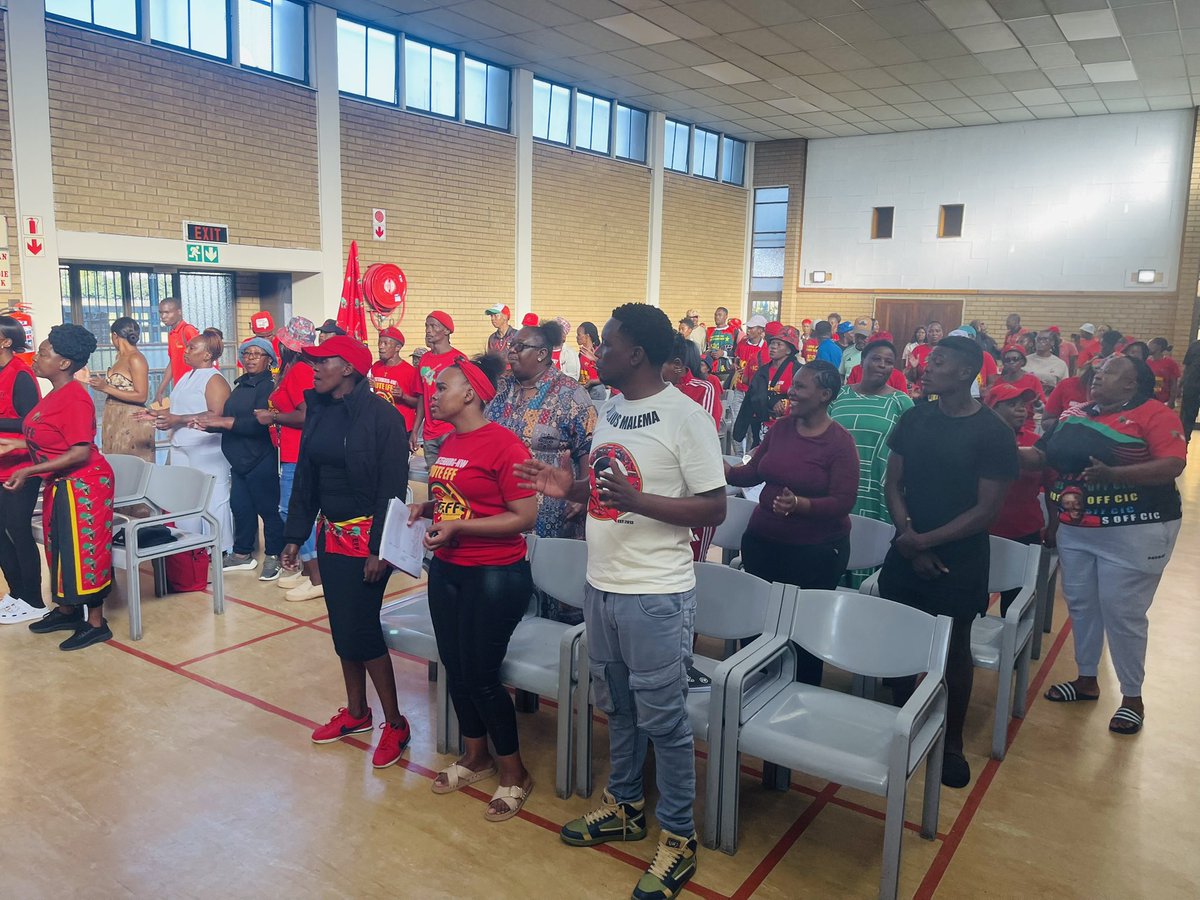 EffNorthwest's tweet image. Cmsr @KBabuile is leading the Rustenburg–Kgetleng Branch Reporting Meeting in Zinniaville, with Fighters submitting their reports ahead of the 1 May Day Rally to be addressed by the President and Commander-in-Chief, Julius Malema. #RegisterToVoteEFF
