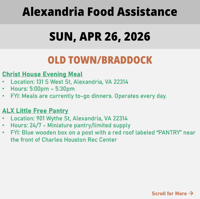 hungerfreealx's tweet image. (Post 2 of 2) On Sunday, April 26, here are open locations in Alexandria, VA for food assistance, organized by neighborhood. Everybody deserves to eat. #help #finding #food #alexandriava