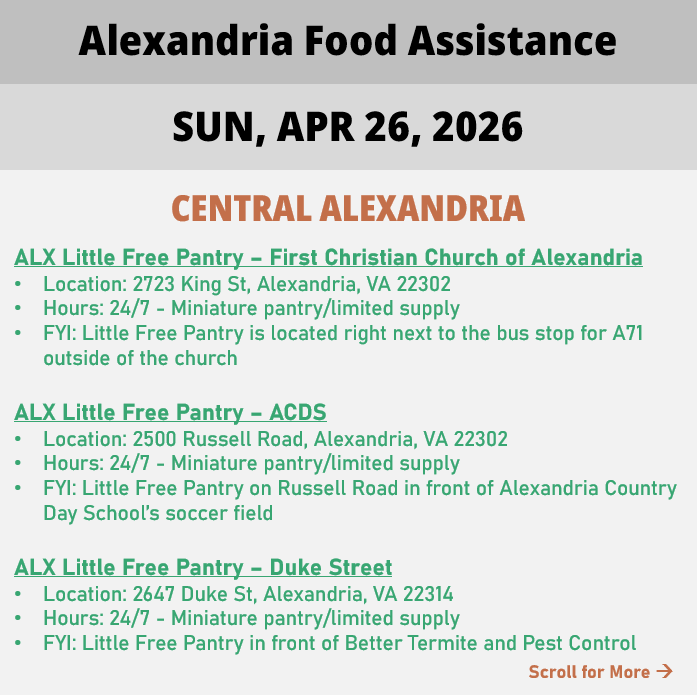 hungerfreealx's tweet image. (Post 2 of 2) On Sunday, April 26, here are open locations in Alexandria, VA for food assistance, organized by neighborhood. Everybody deserves to eat. #help #finding #food #alexandriava
