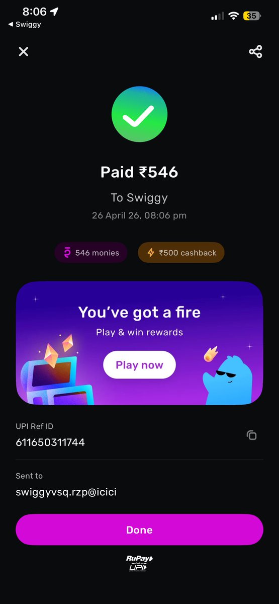 aadhu32mkd's tweet image. @slice_cares Got ₹500 cashback from Slice Flash Spark ⚡️

₹546 → ₹500 back 💸
Right place, right time ⏳

1 in 500 😌✅

#Slice #Cashback #Swiggy #UPI