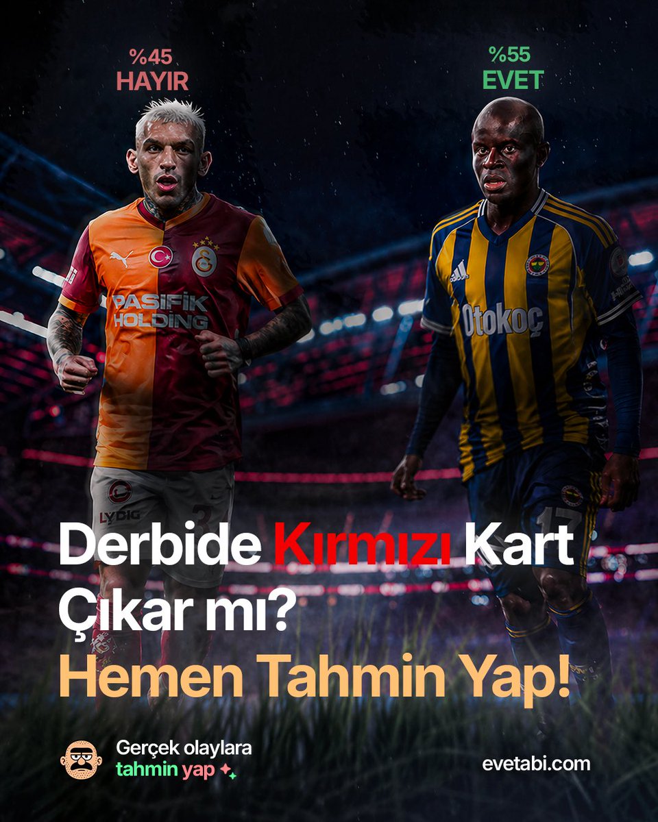 evetabicom's tweet photo. Fenerbahçe - Galatasaray 

Derbide kırmızı kart çıkar mı?

Evetabi’den tahmin yap ve para kazan.

https://t.co/RXeMz9wy3m https://t.co/O8VNKdjtHM
