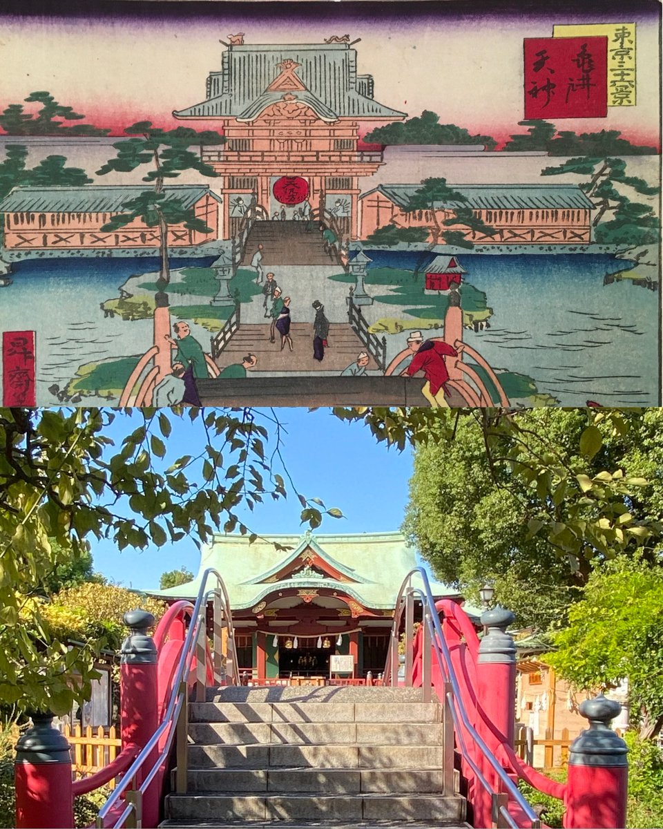BlackNinjaBob's tweet image. Then &amp;amp; Now: Kameido Tenjin Shrine, Tokyo

Then 1871 - by #ukiyoe artist Ikkei

Now - Shrine famous for wisteria, which is blooming right now if you can catch it.

I have never managed to visit during the bloom, hope to next year.

#Japan #Art