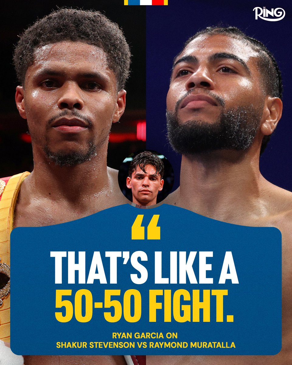 ringmagazine's tweet photo. Ryan Garcia thinks a clash between Shakur Stevenson and Raymond Muratalla is too close to call 👀

🗞️ Follow the latest news in boxing and check out exclusive features on The Ring's new website ➡️ https://t.co/5UVV1lc3yD https://t.co/hv6Lxkitmf