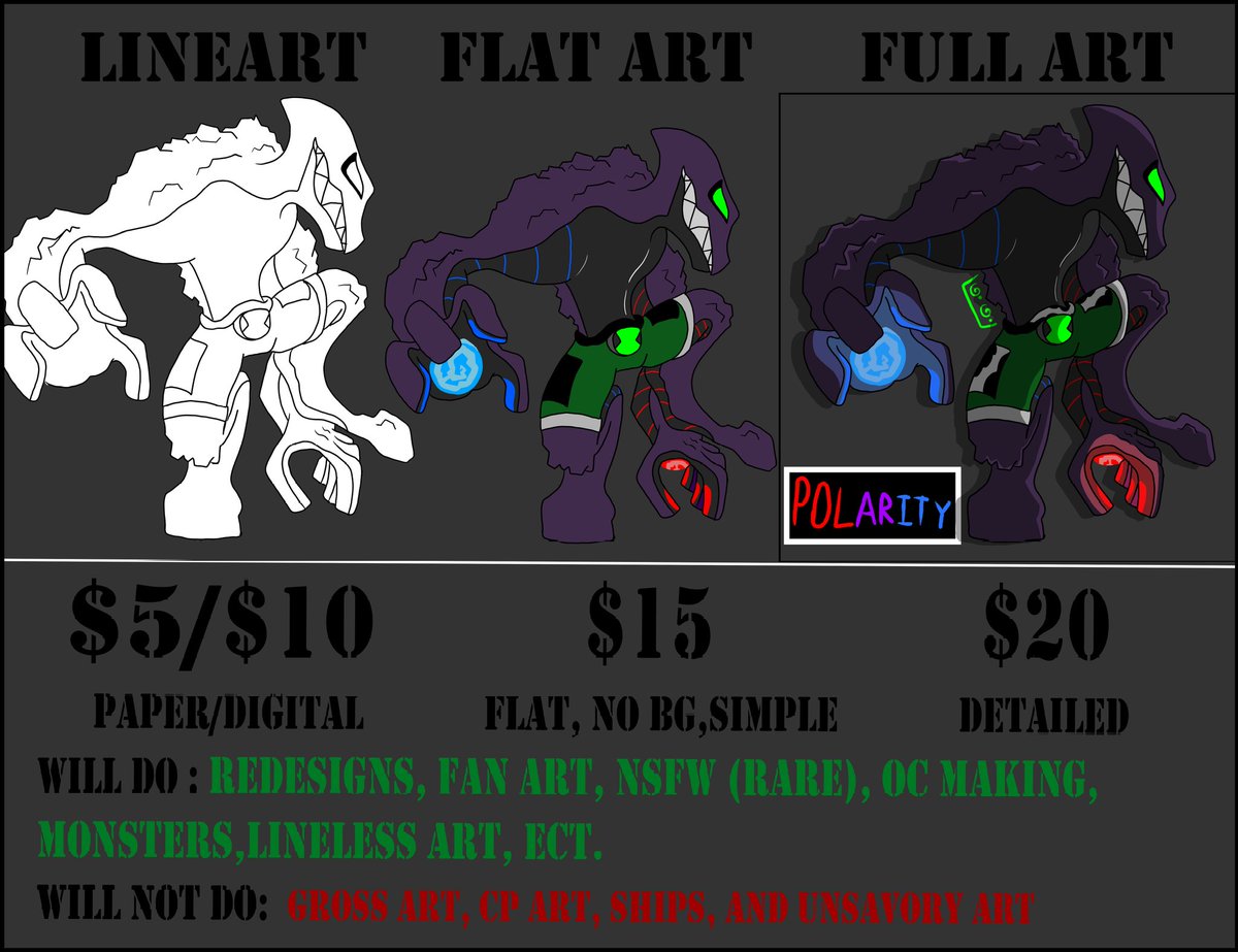 loon3y_codex's tweet photo. Hey gang, im codex aka collis chatman, im a artist who draws all sorts of stuff, and currently I have commissions open, they will stay open til the end of time, so if ya need a artist to draw you something with speedy results, im your man! My prices are cheap for good quality art https://t.co/5cHMDgIAmb