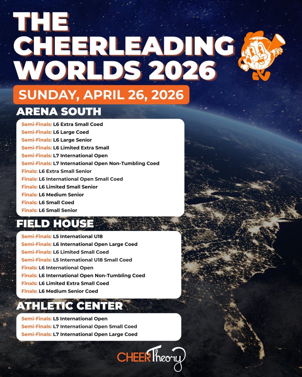 CheerTheory's tweet photo. 🌎The Cheerleading Worlds 2026 - Sunday, April 26, 2026 - Happy Day Three!

Find everything you need for the day here➡️ https://t.co/89iuizmbEq https://t.co/0WjWpAYika