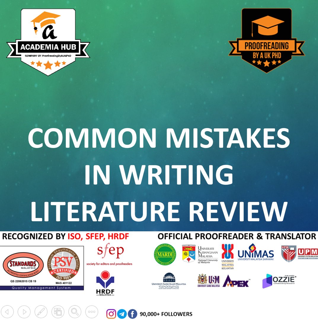 ProofreadingBy's tweet image. COMMON MISTAKES IN WRITING LITERATURE REVIEW
Get in Touch with us:  zurl.co/Re2LB
.
Services for 103 000(100k) FOLLOWERS:
👉Proofreading
👉Paraphrasing
👉Translation
👉Thesis Consultancy
👉Journal Consultancy
.
#PhD #PostGraduate #Journal