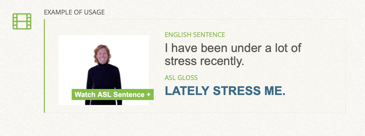 SigningSavvy's tweet image. Today’s example #ASL gloss is an example of using the sign of the day (STRESS) in context. See it signed at signingsavvy.com/sotd

English Sentence: I have been under a lot of stress recently.
ASL Gloss: LATELY STRESS ME.