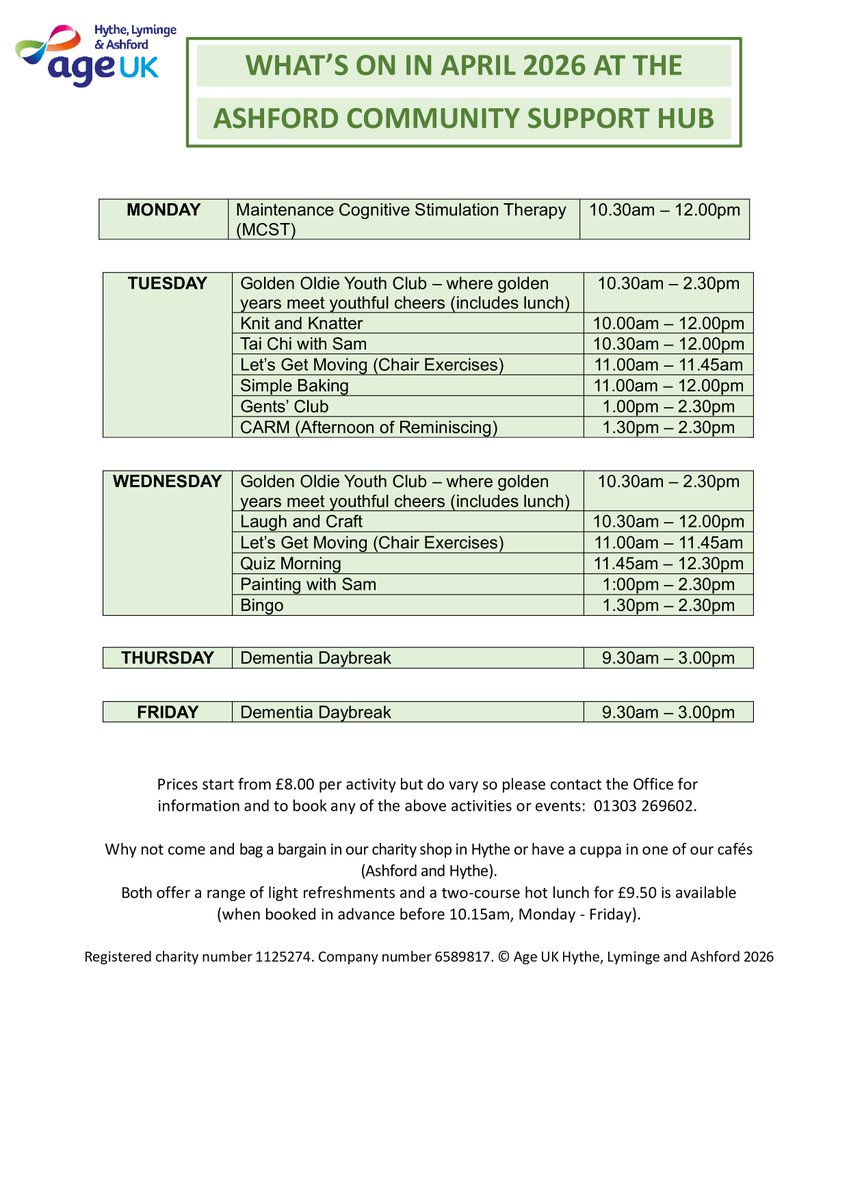 AgeUKHL's tweet image. 🌟 What’s On in April at Age UK Ashford! 🌟

From Tai Chi &amp;amp; crafts to bingo, baking &amp;amp; social clubs — there’s something for everyone 💛

📍 Farrow Court, Ashford TN23 5RF
📞 01303 269602
📧 admin@ageukhla.org.uk

Book now – spaces available!

#Ashford #AgeUK #WhatsOn