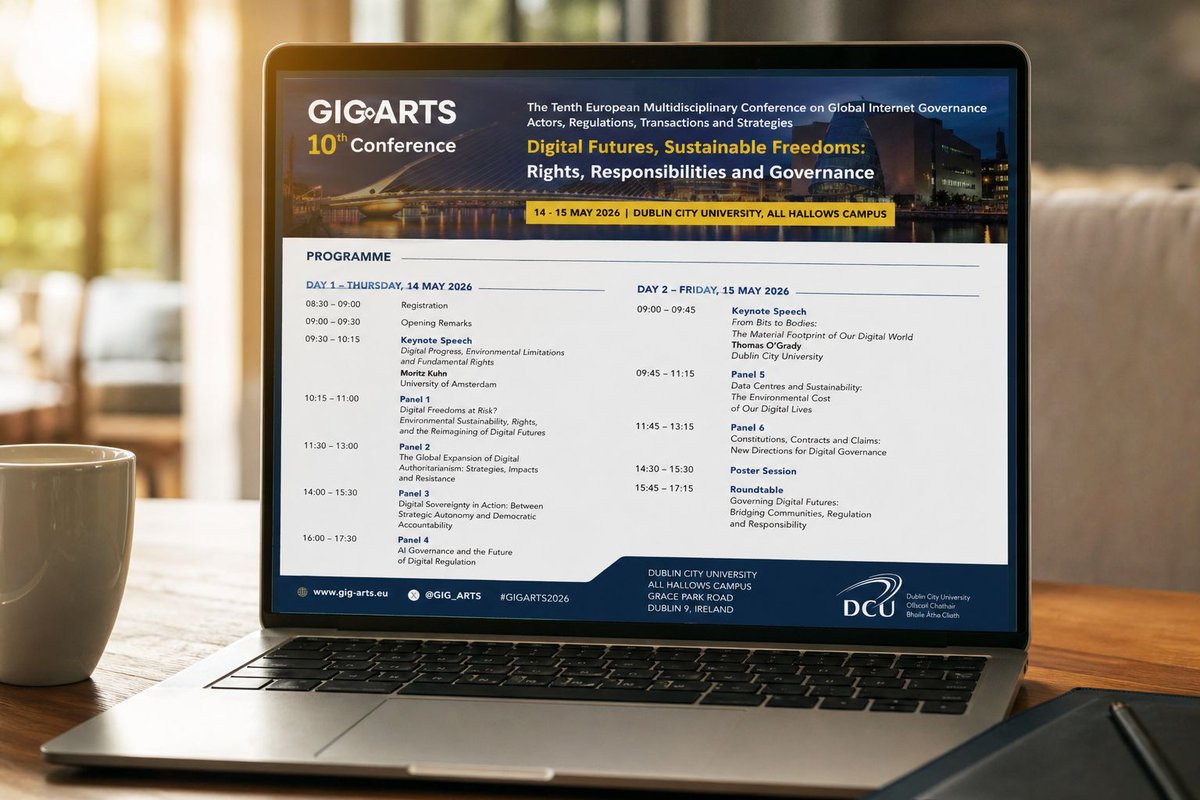GigArtsEU's tweet photo. 📢 The programme for the 10th #GIGARTS Conference is now online!

Join us on 14–15 May 2026 at Dublin City University
“Digital Futures, Sustainable Freedoms: Rights, Responsibilities and Governance.”

🗓 Registration deadline: 30 April
Programme: https://t.co/2LlAcQQ6oo

#netgov https://t.co/QhQ6NWhP7H