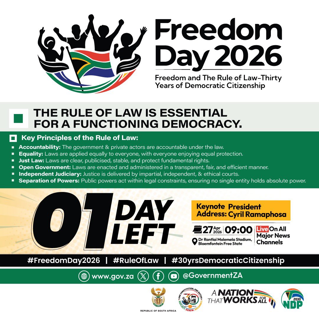 SportArtsCultur's tweet photo. 1 day to Freedom Day 🇿🇦

“Rule of Law” = simple:
⚖️ Equal before the law
🚫 No one above it

That’s real freedom.

📍 Dr Rantlai Molemela Stadium, Bloemfontein
📅 27 April 2026

#FreedomDay2026 #RuleOfLaw #30YearsOfDemocracy https://t.co/EqFI6C5hgW