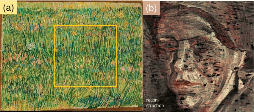 internetarchiva's tweet photo. 3. Patch of Grass - Vincent Van Gogh, 1887

At first glance, it is just a painting as the name suggests. It depicts grass and flowers. However, in 2008, when the painting was subjected to macro X-ray fluorescent scanning, an entire portrait of a peasant woman emerged from beneath the vegetation.

She had been there since 1887, completely invisible, covered by a field of grass.