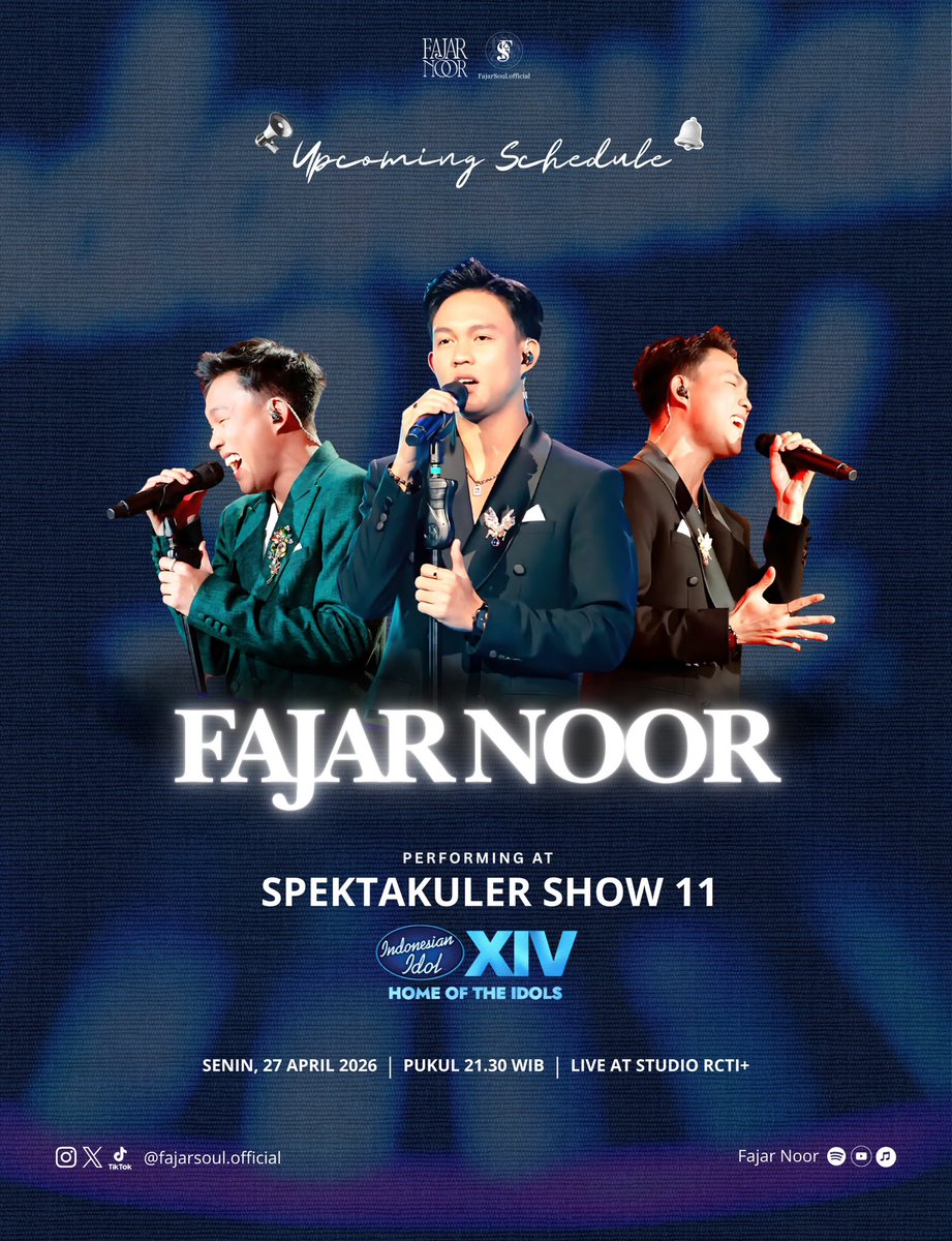 Fajar Noor is back on stage! ✨
Siapa nih yang kangen lihat Fajar di panggung Indonesian Idol?🤩💙

Saksikan Live Performance Fajar Noor di Spektakuler Show 11 – Idola Duet Indonesian Idol Season 14 🎤

Senin, 27 April 2026 || 21.30 WIB

Jangan sampai ketinggalan ya!

#FajarNoor