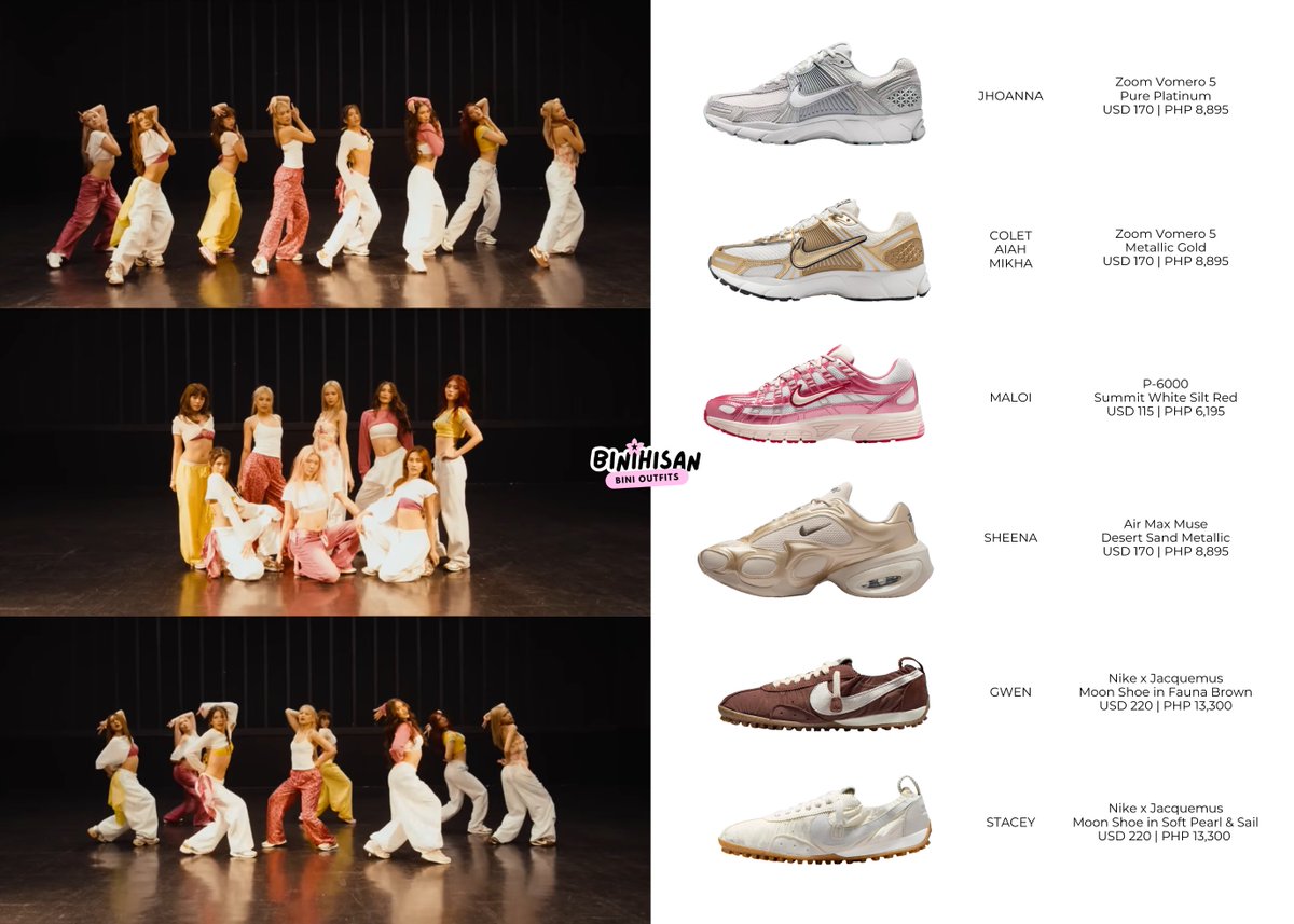 [260424] BINI— ‘Blush’ dance practice video 🌺👟

Nike Sneakers
Jhoanna, Colet, Aiah, Mikha: Zoom Vomero 5
Maloi: P-6000
Sheena: Air Max Muse
Gwen, Stacey: Jacquemus Moon Shoe

🎥: youtu.be/KtLSDU3rx04?si…

🏷️ #BINI #BINI_Blush #BINI_fashion <a href="/BINI_ph/">BINI_PH</a>