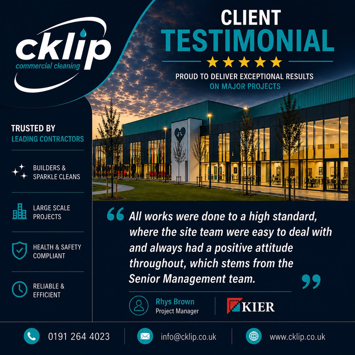We’re proud to deliver high-quality cleaning services on major projects across the North East.

A huge thank you to Kier and Rhys Brown for the great feedback — it’s always appreciated by the whole team.

#CommercialCleaning #ClientTestimonial #NorthEastBusiness