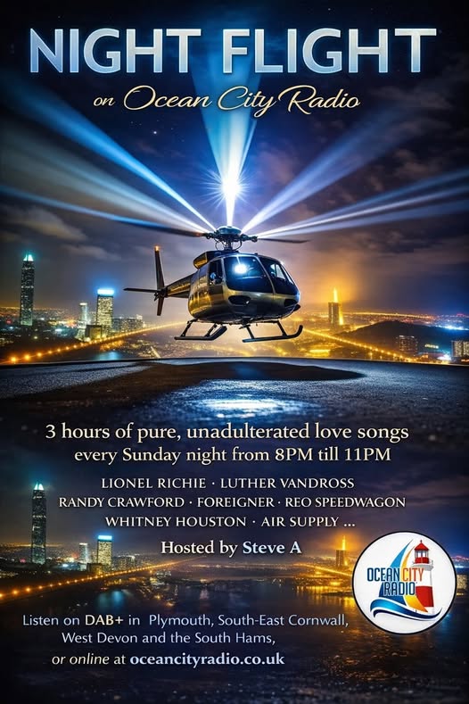 OceanCity_Radio's tweet image. Join Steve Anniss at 8pm tonight and every Sunday for 'Night Flight'. 3 hours of non-stop love songs. Listen here: oceancityradio.co.uk or find us on DAB+ at OCEANCT #Plymouth #radio #community 📻🎶🎤🎵❤️