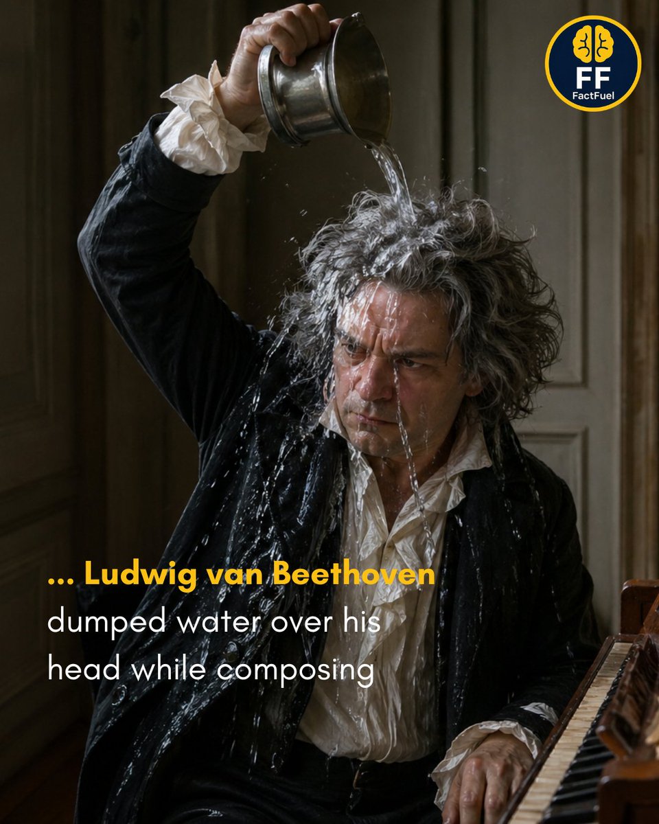 FactFuelGlobal's tweet photo. Ludwig van Beethoven used cold water on his head to stimulate his brain and stay focused during long composing sessions. 

The sudden cold shock helped him maintain mental clarity while working.

#WeirdHistory https://t.co/GlsdtyMQvI