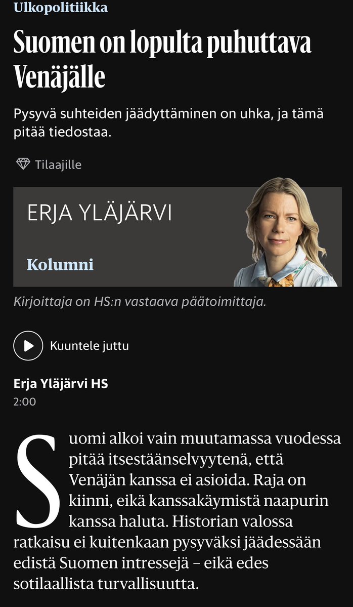 Ensin venäjä valitti Hesarin linjasta.

Seuraavaksi Hesari vaati keskusteluyhteyden venäjälle.

HS on täysin fiksaantunut suhteiden normalisointiin venäjän kanssa. Ensin itäraja, nytten keskusteluyhteydet.

Suomen taikasanat eivät lopeta venäjän hyökkäystä Ukrainaan.