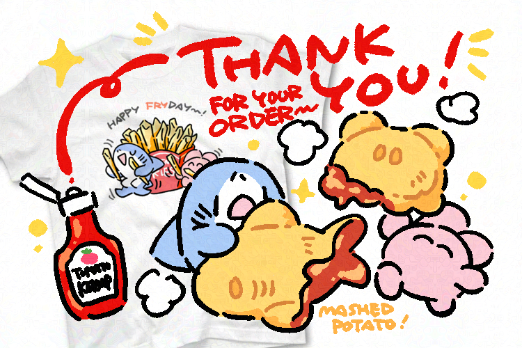 namelessmm2's tweet image. #SUZURI でハッピーフライデー！Tシャツをご注文いただきありがとうございます〜！🍟🦈🐙 #夜の魅惑のTシャツパーティーセール
