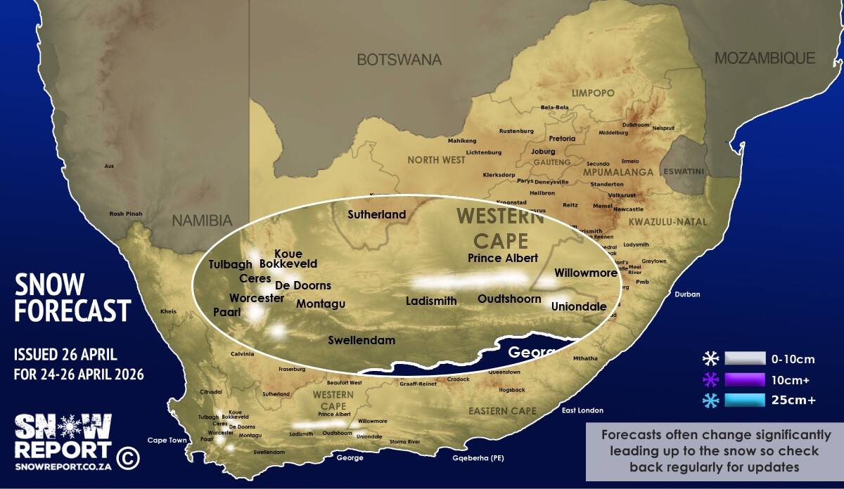 SnowReportSA's tweet image. ❄ SNOW UPDATE: More snowfall possible for the Western Cape on Sunday - more details at snowreport.co.za #snowreportsa #africansnow #weather