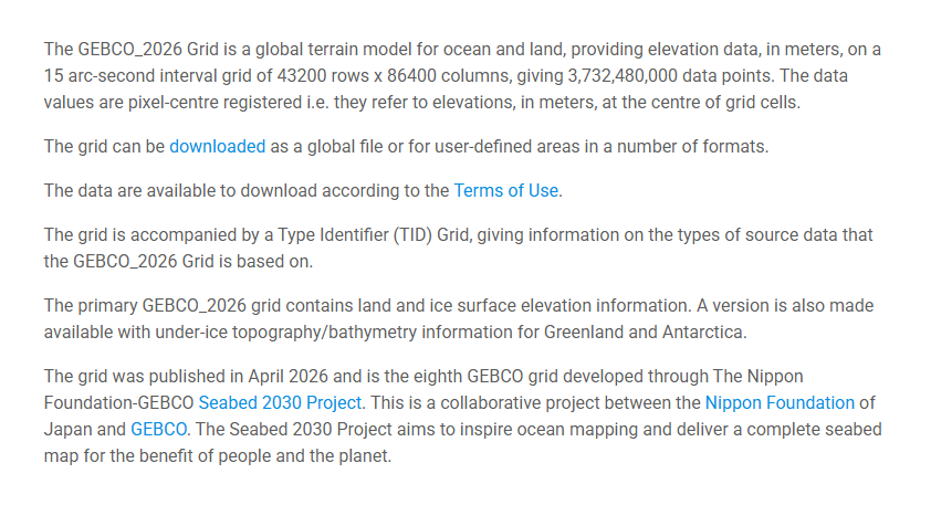 owenboswarva's tweet image. GEBCO_2026 Grid: annual compilation of a continuous terrain model of the global oceans and land, released this week gebco.net/data-products/…

Free to download but not quite #opendata unfortunately gebco.net/data-products/…

#elevationdata #bathymetry