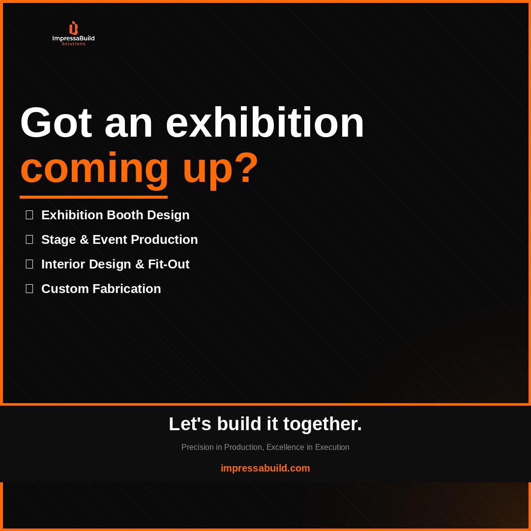 impressabuild's tweet photo. Got an exhibition or event coming up? Let us handle the build. 🏗️✨
At ImpressaBuild Solutions, we design and execute exhibition booths, event stages, and interior fit-outs that make your brand impossible to ignore — on time, every time.
📩 Reach out and let's build something extraordinary together.
Precision in Production, Excellence in Execution.
#ImpressaBuild #ExhibitionDesign #BoothDesign #EventProduction #StageDesign #InteriorFitOut #SaudiArabia #Jeddah #EventManagement #ExhibitionBooth #FitOut #BuildWithUs